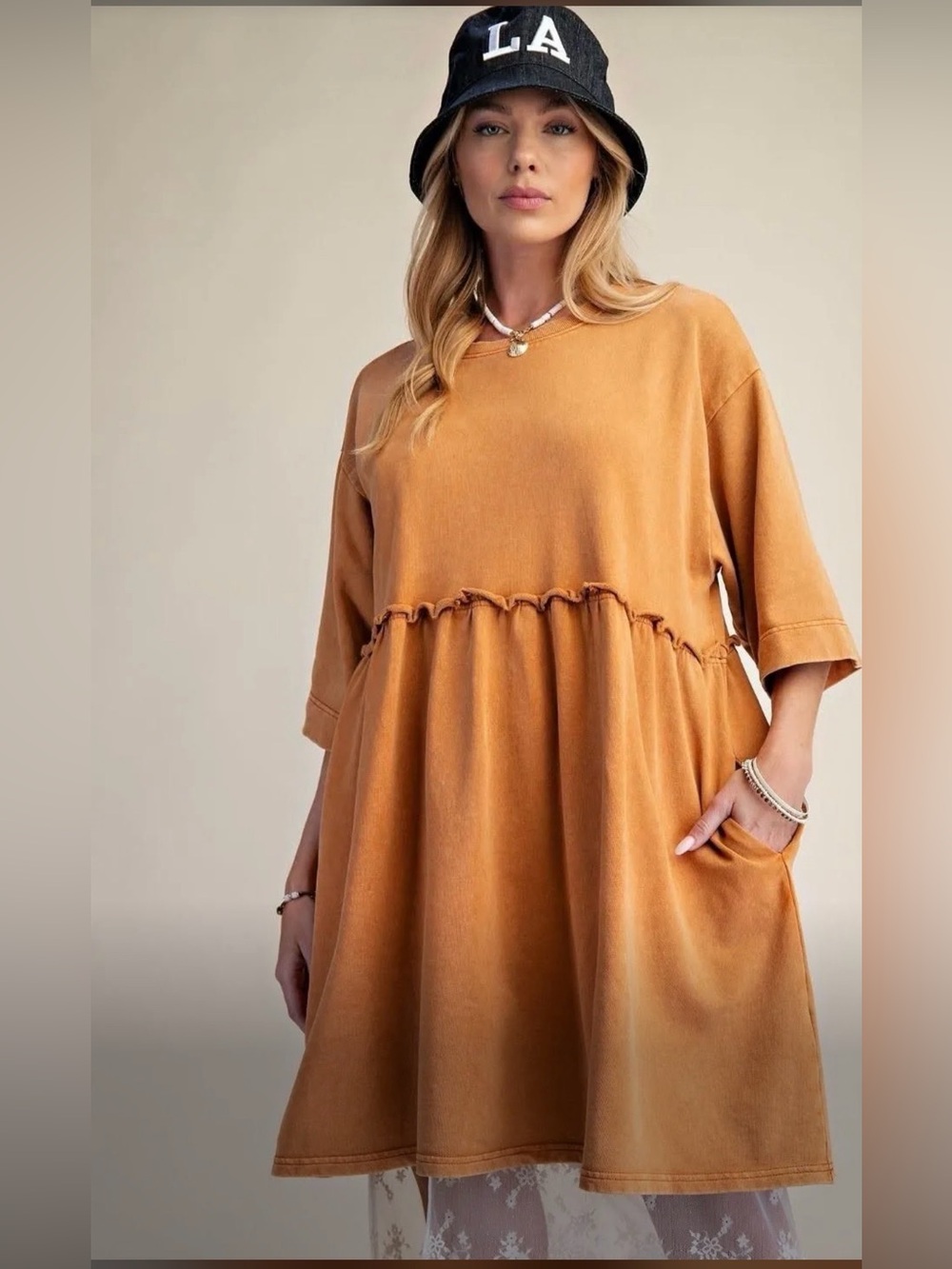 Easel mineral wash Rust Orange Tunic Dress. Half sleeve with pockets. Small